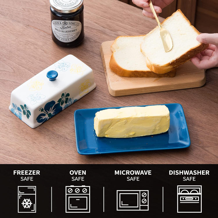 Butter Dish Ceramic Butter Keeper Butter Dish with Lid, Butter Container, Blue