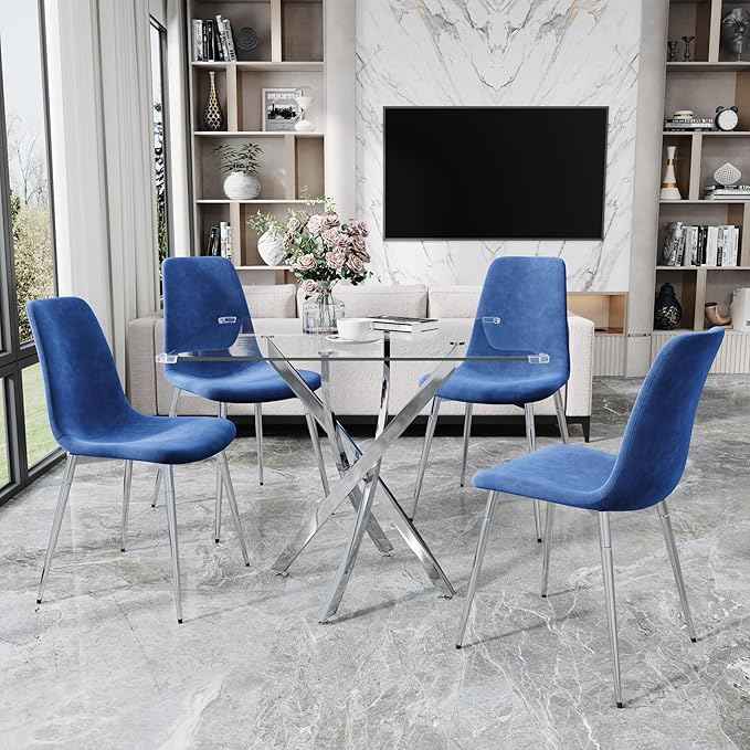 36" Square Glass Dining Table Set for 4, 5-Piece Modern Kitchen Table with 4 Blue Scoop-Shape Velvet Chairs, Modern Circle Leisure Table for Home Office Dining Room Small Spaces (Silver Leg)