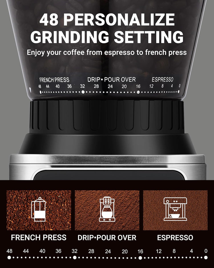 AMZCHEF Coffee Grinder, Burr Coffee Bean Grinder for Home Use with 48 Precise Grind Settings, Detachable Funnel Stand for Espresso, LED Control Panel, Anti-static Design, silver