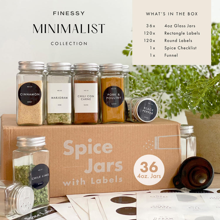 Minimalist Spice Jars with Labels (36 Count)