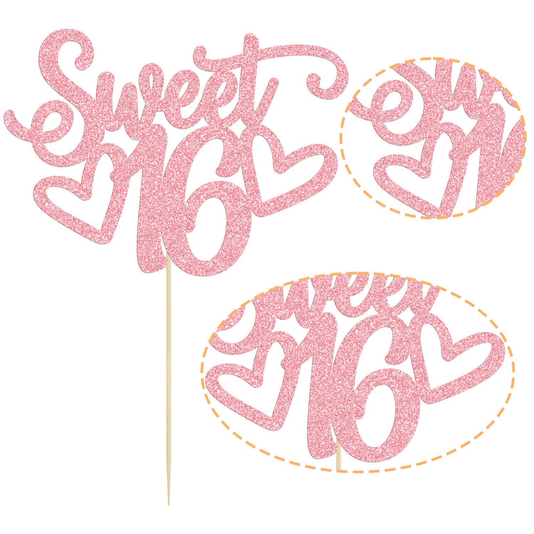 1Pc Sweet Teenager 16 Cake Topper Glitter 16th Birthday Cake Pick for Cheers to 16 Years Old 16th Birthday Party Cake Decorations Supplies Pink