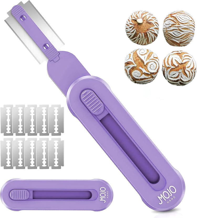 MOJOHAND Bread lame for Dough, Magnetic & Reusable Bread Lame Dough Scoring Tool, Anti-Slip Handle with Long Retractable Razor blades, Sourdough Scoring tool for Bread Making (Purple)