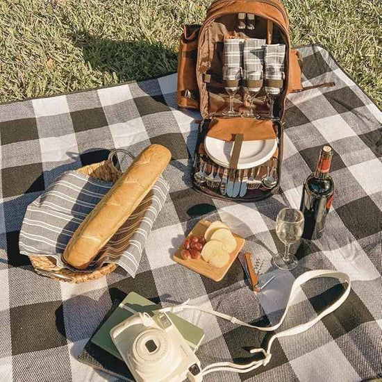 Premium Collection Genuine Leather Picnic Backpack for 4 | Insulated Compartment | Blanket | Dinner Plates | Cutlery Set | Blue