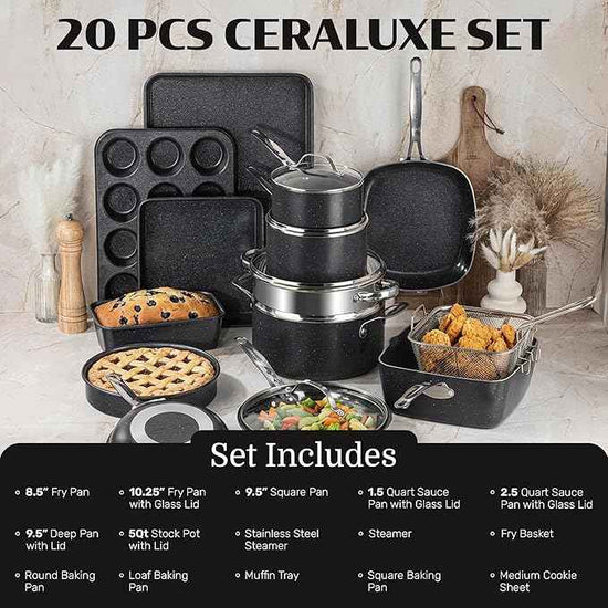 Granitestone Ceraluxe 20 Pc Ceramic Cookware Set Nonstick, Complete Pots and Pans Set Non Stick with 5 Pc Bakeware Set, Deep Frying Pan Set, & Steamer, Non Toxic PFOA Free, Oven & Dishwasher Safe