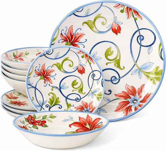 Tudor Royal 12-Piece Round Porcelain Dinnerware Set, Service for 4, Botanical Design, Summer Flowers, Plates Bowls Dishes, Glossy, Premium Quality Dish Set, Unique Pattern