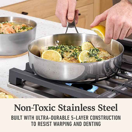 Calphalon Premier Polished 5-Ply Stainless Steel Cookware Set w/Turbo Heat Tech 12 Piece Includes Frying Pans, Pots and Pans Set, Induction, Oven Safe 500F, PFOA Free, Polished Stainless Silver