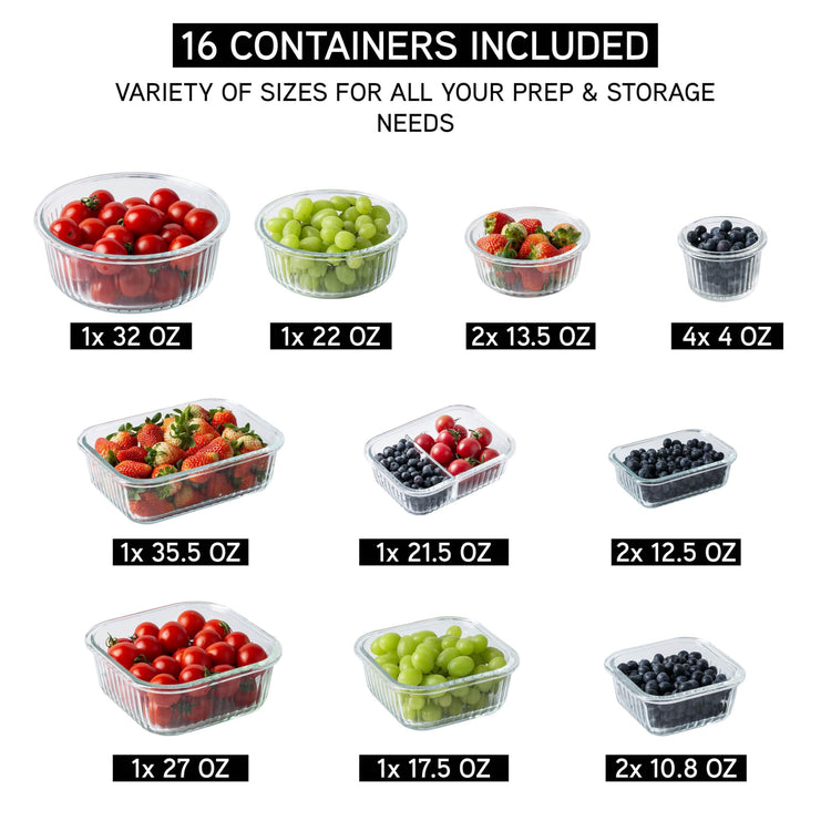 Premium 32 Pc. Borosilicate Glass Food Container Set with Dividers