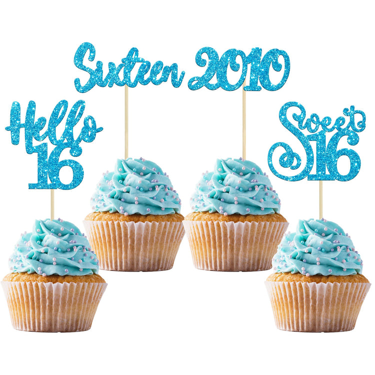 24Pcs Happy 16th Birthday Cupcake Toppers Glitter Hello 16 Sweet 16 Cupcake Picks Sixteen Years Old Birthday Cake Decorations for Celebrating 16th Anniversary Party Supplies Blue (24 Count)