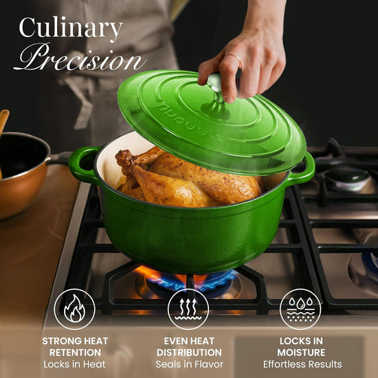 Nuovva Enamelled Cast Iron Dutch Oven Pot with Lid – 6.4 Quart Non Stick Casserole Pot – Heavy Duty & Oven Safe up to 500° F for Bread Baking, Braising, Stews, Roasting – 28cm Green - Nestoria