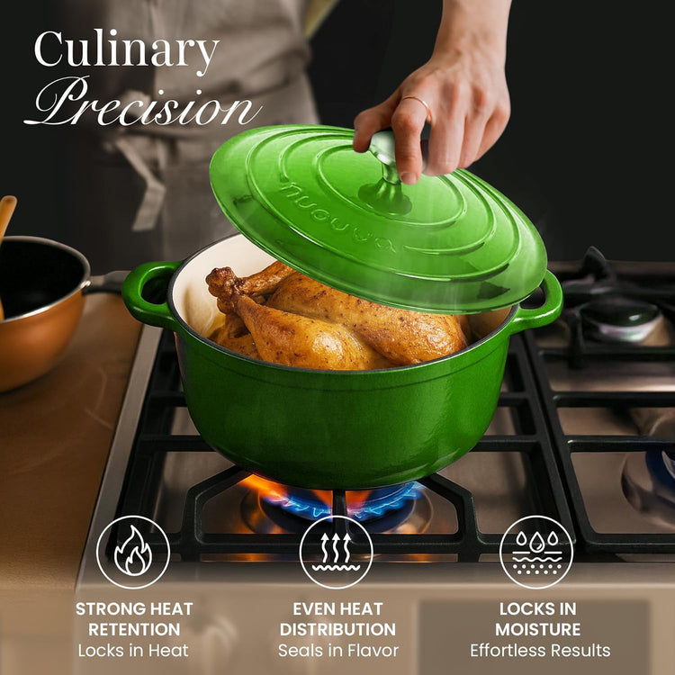 Nuovva Enamelled Cast Iron Dutch Oven Pot with Lid – 6.4 Quart Non Stick Casserole Pot – Heavy Duty & Oven Safe up to 500° F for Bread Baking, Braising, Stews, Roasting – 28cm Green - Nestoria