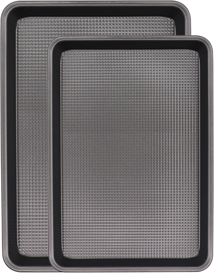 Cookie Sheets for Baking Nonstick, 2 Pack Heavy Duty 0.8mm Dark Gray Sheet Pan Set Quarter(9x13in) & Jelly Roll(10x15in), Diamond Textured Commercial Grade, Small Oven Safe