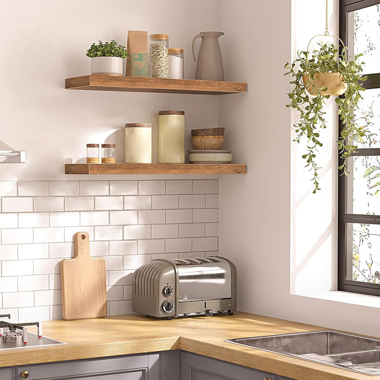HOOBRO Floating Shelves for Wall, Wall Mounted Shelf Set of 2, 23.6" Hanging Shelf with Invisible Brackets, for Wall in Bathroom, Bedroom, Toilet, Kitchen, Living Room, Office, Rustic Brown BF60BJ01