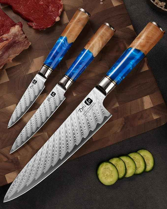 Damascus Chef Knife 8 Inch, Japanese Handcrafted Sharp Kitchen Knife with 67-Layer Damascus Steel & VG10 Core, Blue Resin & Natural Birch Wood Handle, Ideal Gift for You & Your Beloved