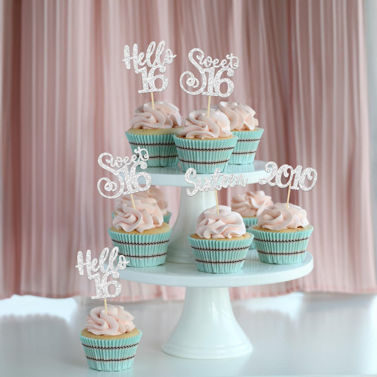 24Pcs 16th Birthday Cupcake Toppers Silver Glitter Hello 16 Sweet 16 Cupcake Picks 2010 16th Birthday Cake Decorations for Celebrating Anniversary Party Supplies (24 Count)