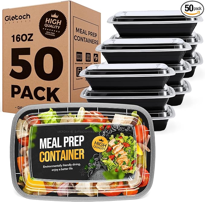 Glotoch 50-Pack Meal Prep Containers with Lids (16oz) - Airtight Leakproof Food Storage Containers - Reusable BPA-Free Plastic Containers - Stackable Bento Lunch Boxes