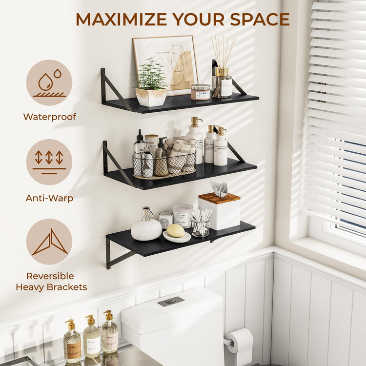 24W x 12D Deep Floating Shelves Set of 3 Black (3 Count)