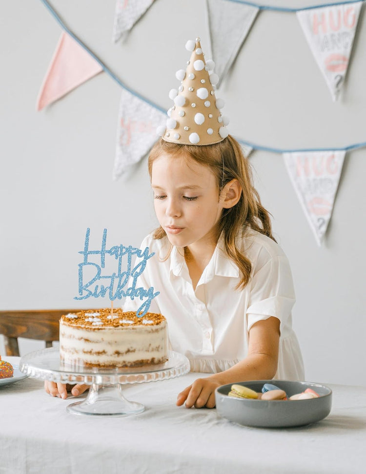 Happy Birthday Cake Topper - Glitter Sky Blue Birthday Cake Top Decorations (Sky Blue)