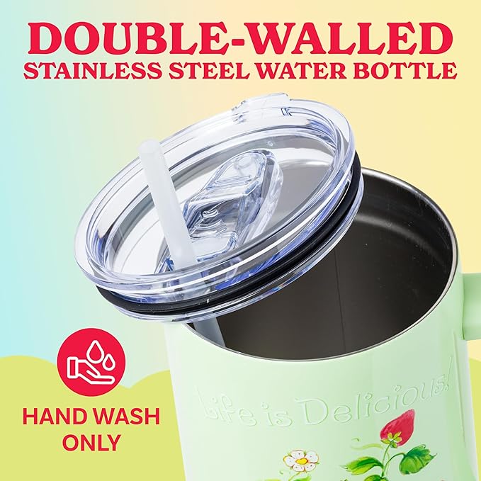 Silver Buffalo Strawberry Shortcake and Custard “Life is Delicious!” Double Walled Stainless Steel Tumbler with Handle, Fits in Standard Cup Holder, 40 Ounces