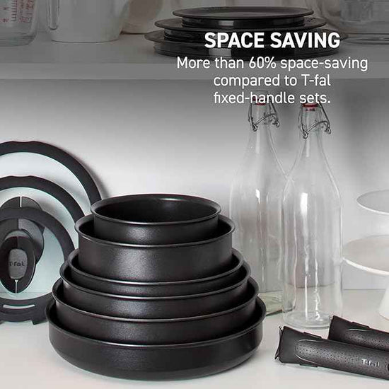 T-fal Ingenio Expertise Non Stick Cookware Set 14 Piece, Induction, Oven Broiler Safe 500F, Cookware, Pots and Pans Set, RV, Camping, Kitchen Frying Pans, Dishwasher Safe, Detachable Handle Cherry Red