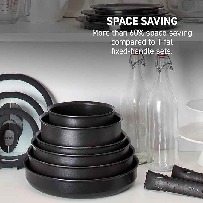 T-fal Ingenio Expertise Non Stick Cookware Set 14 Piece, Induction, Oven Broiler Safe 500F, Cookware, Pots and Pans Set, RV, Camping, Kitchen Frying Pans, Dishwasher Safe, Detachable Handle Cherry Red