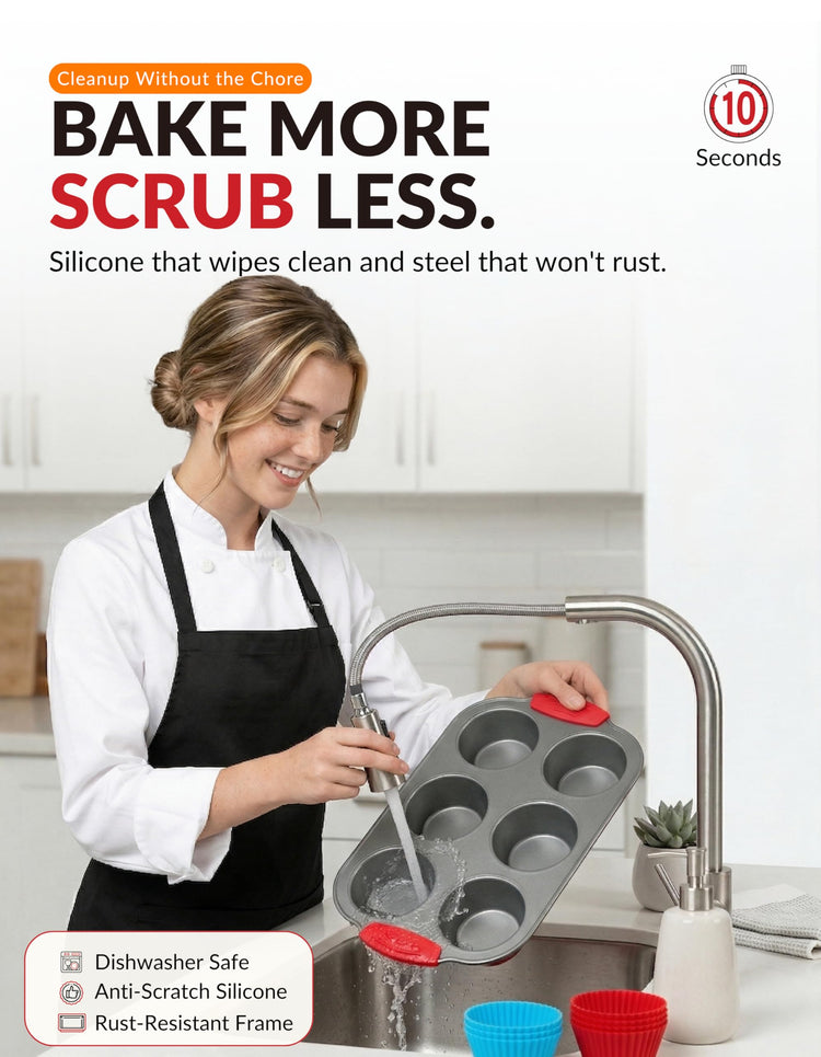 Non Stick Steel 6 Cup Muffin Pan with Silicone Handles and Reusable Liners