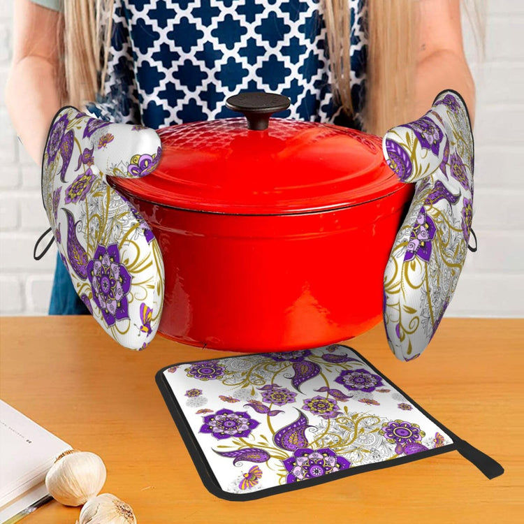 Purple Flower Oven Mitts and Pot Holders Sets of 3 Kitchen Decor (3 Count)