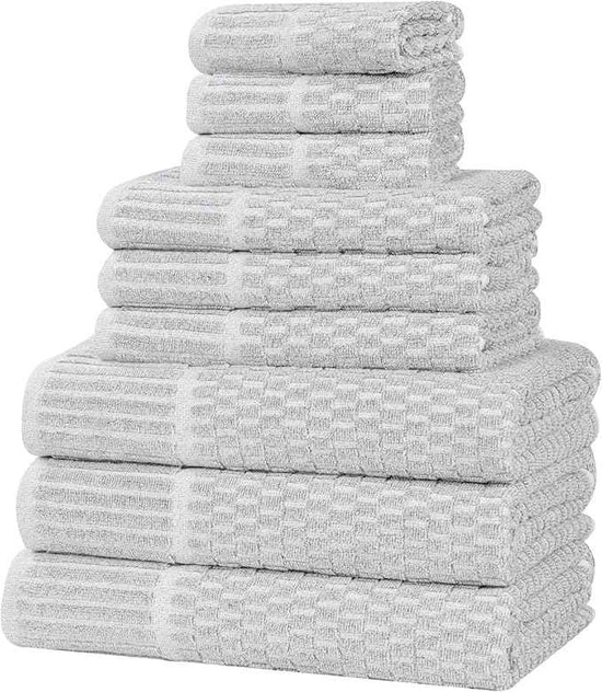 Superior Juno Viscose Cotton Blend Medium Weight Towels, for Bathroom, Shower, Spa, Plush, Quick Dry, Ultra-Soft Towels, Bath Essentials, Border Detail, 9 Piece Assorted Towel Set, Platinum