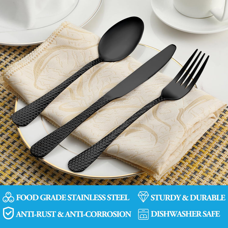 60 Pcs Black Hammered Silverware Set Service for 12 (60 Count)