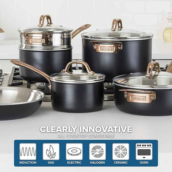 Viking 3 Ply Pots and Pans Set, 11 Piece Stainless Steel Kitchen Cookware with Glass Lids, Black with Copper