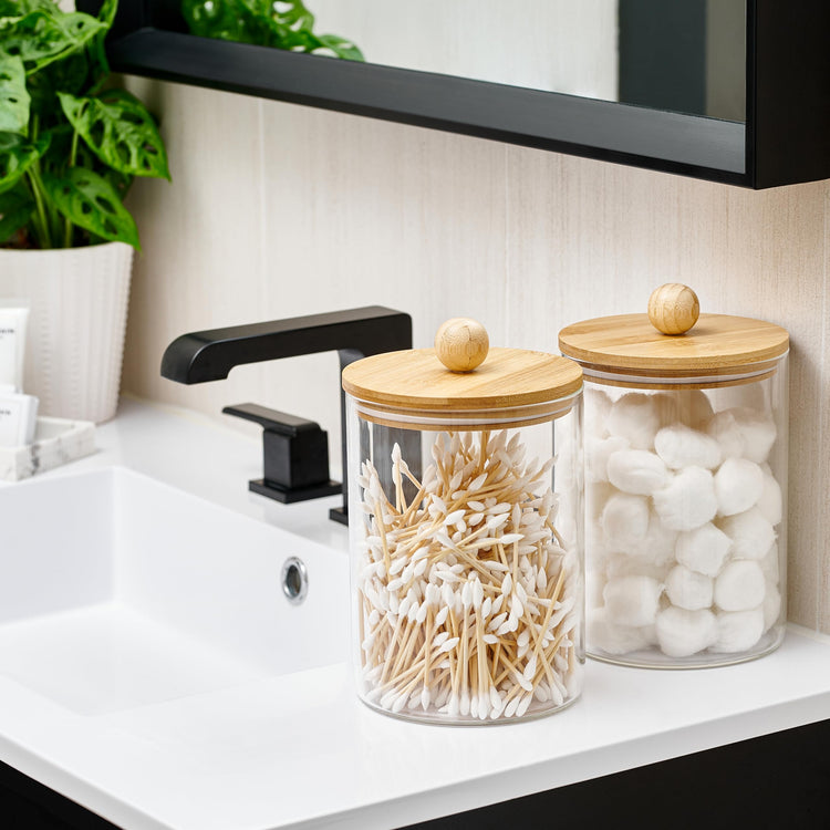 Set of 2 Glass Canisters for Kitchen Counter with Airtight Bamboo Lids + Marker & Labels (2 Count)