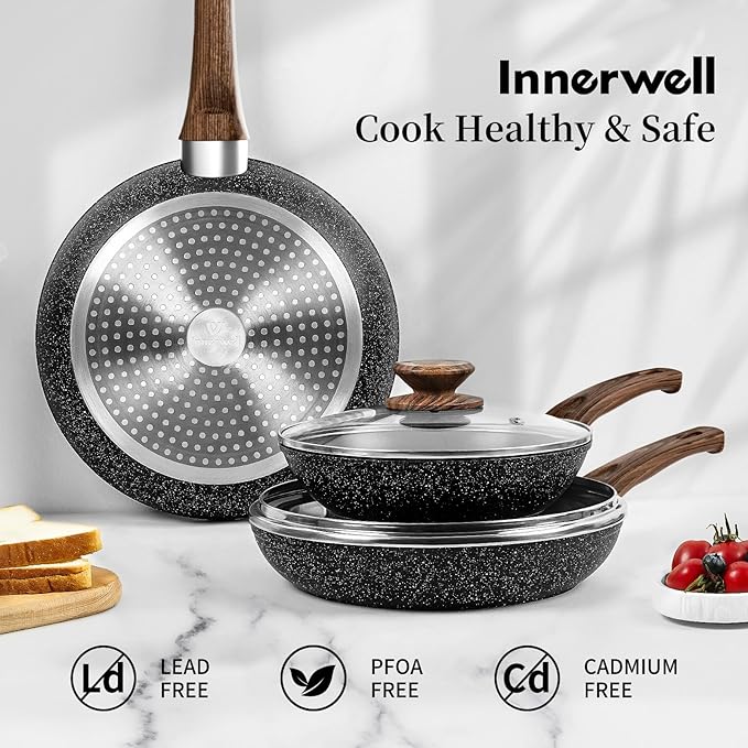 Frying Pan Set - 3 Pcs Nonstick Skillets With Lids, PFOA Free, Induction Compatible, Black