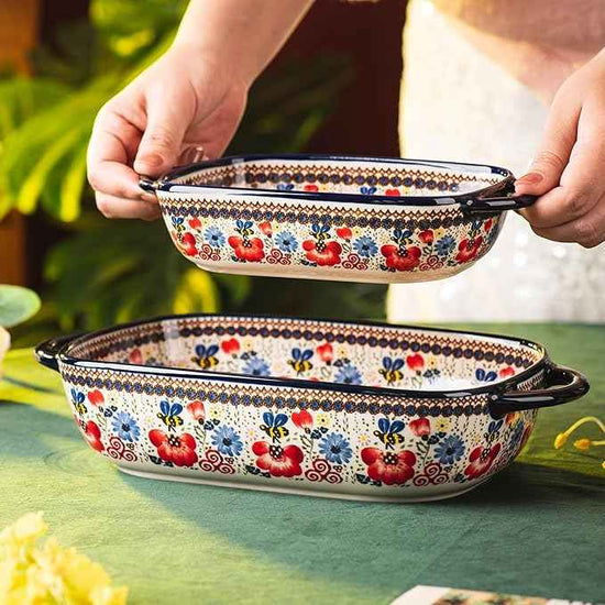Baking Dish Ceramic Baking Pan Blue Casserole Dish Porcelain rectangular Baking Set 2pcs Bakeware Sets Single Serving Size Lasagna Pan Baking Dishes for oven(Honey Flower)
