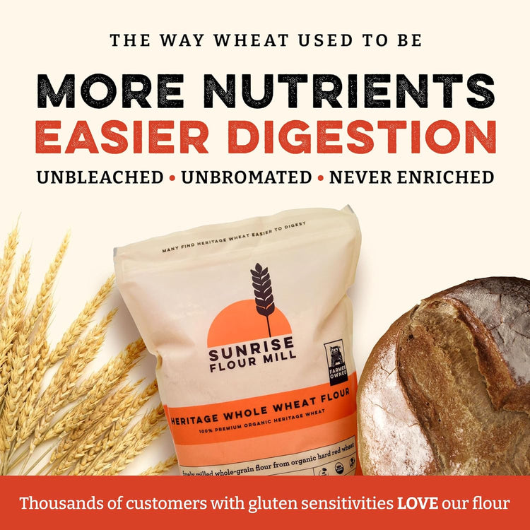 Sunrise Flour Mill Organic Heritage Whole Wheat Flour - 2 lbs | Easier to Digest with Less Bloating | No Bleaching or Bromating | Zero Additives - Nestoria