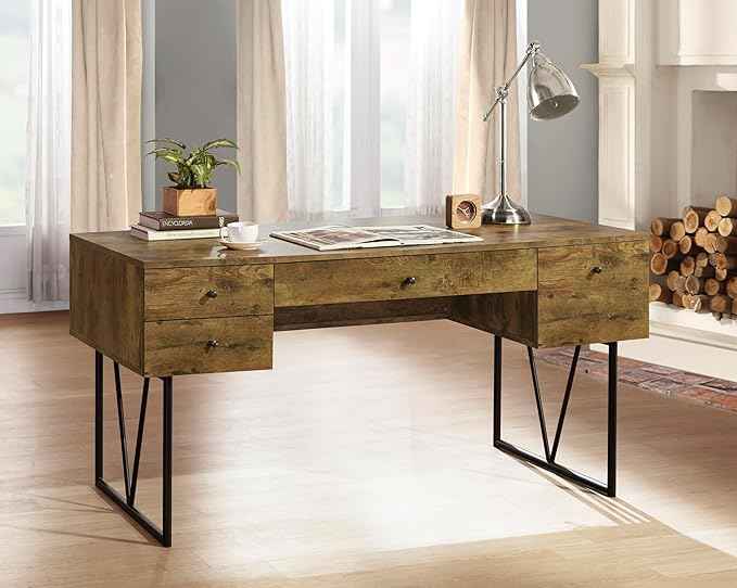 Coaster Home Furnishings Analiese Rustic 63-Inch 4-Drawer Home Office Computer Writing Desk Study Table with Storage Engineered Eco-Friendly Wood Look Laminate Sturdy Steel Base Rustic Nutmeg 800999