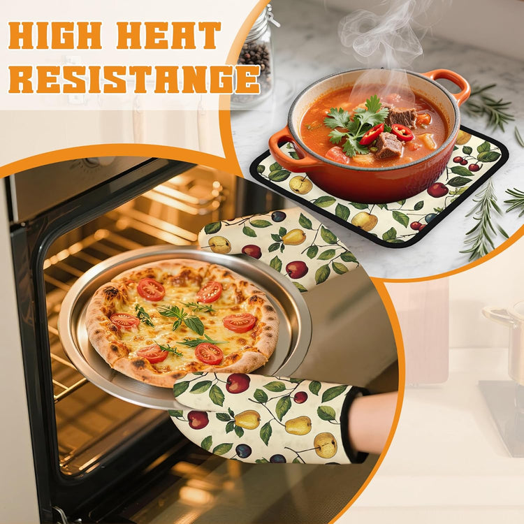 Retro Fruit Oven Mitts and Pot Holders Set,Cherry Kitchen Oven Gloves and Pot Holder with Heat Resistant Non Slip for Cooking Baking Grilling(4 Piece Set)