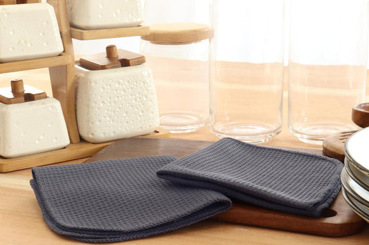 PurpleEssences Dish Cloths and Dish Rags - 8 Pack Waffle Weave Solid Kitchen Dish Wash Cloths, 100% Cotton, 12 x 12 Inches, Ultra Soft Absorbent Quick Drying - Spring Summer - Dark Grey - Nestoria