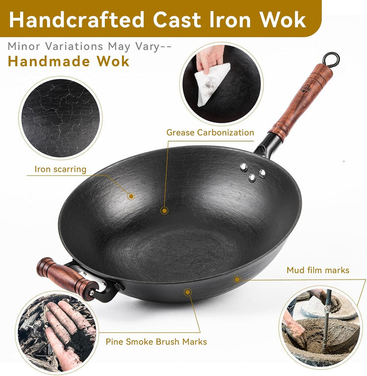 WANGYUANJI Cast Iron Wok,13.4 inch Flat Bottom Wok with Glass Lid,Suitable for All Cooktops, Uncoated Craft Pot Healthy Cooking Pot