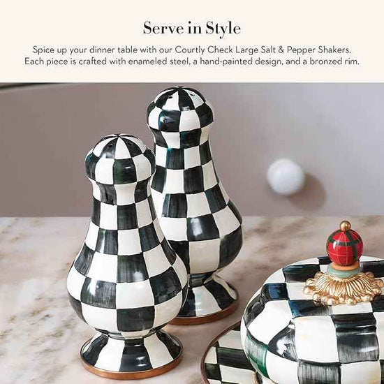 MACKENZIE-CHILDS Enamel Salt and Pepper Shakers, Kitchen Table Spice Shaker Set, Black-and-White Courtly Check, Large