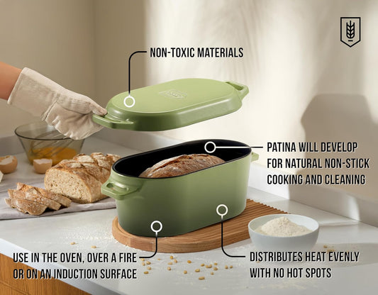 Kook Dutch Oven with Lid, Dual Handles, Enameled Cast Iron, Great for Baking Bread, Cooking and Roasting, Dishwasher Safe, 3.4 Qt, Sage Ombre - Nestoria
