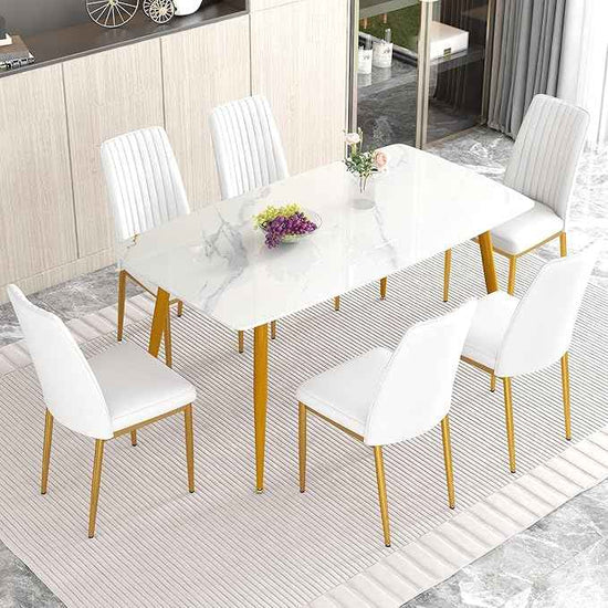 White Golden Dining Chairs Set - Modern PU Leather Armless Chairs with Metal Legs for Dinner Room, Office, Waiting Room (Set of 6)