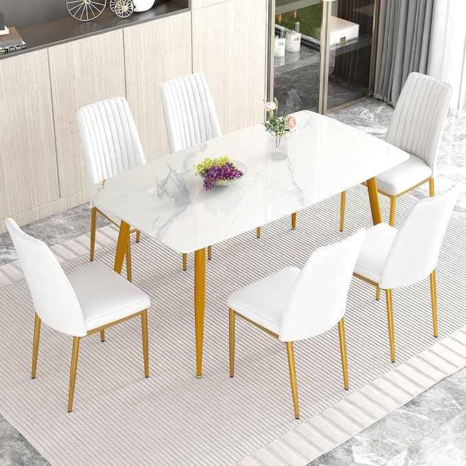 White Dining Chairs Set of 8 Leather Modern Kitchen Chairs with Metal Legs Armless Upholstered Chair for Dinner Room, Office, Waiting Room(Set of 8, White Golden Chair)