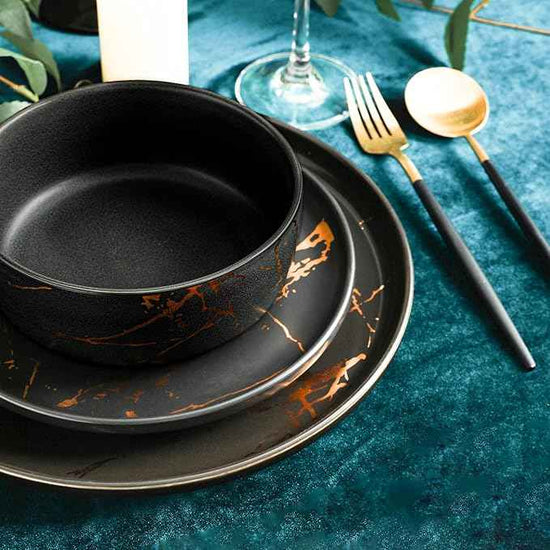 Stone Lain Porcelain 16 Piece Dinnerware set, 4 Full Black Gold Splash Sets