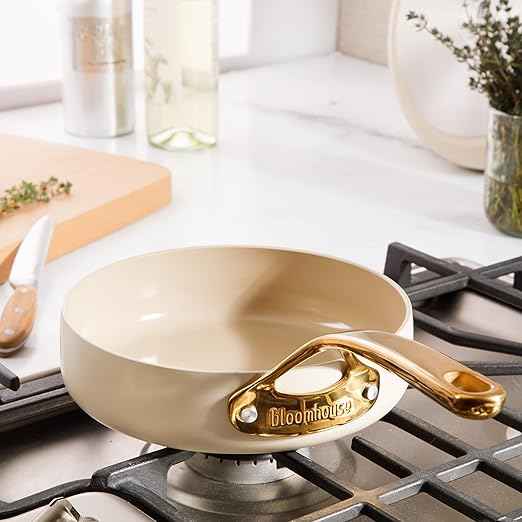 Bloomhouse - Two Time Oprah's Favorite Things Winner - 8 Inch Heavy Duty Aluminum Premium PFA Free Ceramic Nonstick Saute/Deep Frying Pan Skillet - Almond Cream w/Gold Handle