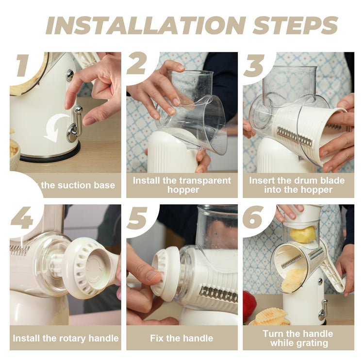 Rotary Cheese Grater Manual Hand Crank with 5 Blades & Suction Base