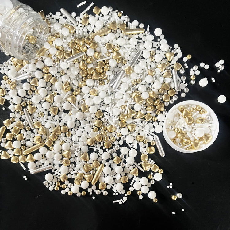 White Deluxe Gold Sprinkles Candy Mixing Size Baking Edible Cake Decorations Cupcake Toppers Cookie Decorating Celebrations Wedding Shower Party Chirstmas Supplies 130g (4.6 Ounce)