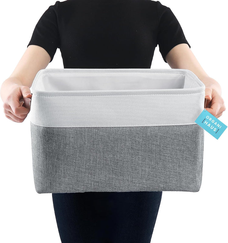 OrganiHaus Extra Large Fabric Storage Baskets for Shelves 3 Pack | 16x13in Closet Storage Bins for Shelves | Cloth Baskets for Organizing | Linen Closet Organizers | Fabric Storage Bin - Gray/White