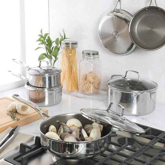 Martha Stewart Badgley Hybrid Nonstick 10 Piece TriPly Stainless Steel Pots and Pans Non-Toxic Kitchen Cookware Set - Laser Etched Perfect Sear Nonstick W/Stay Cool Handle Dishwasher & Induction Safe