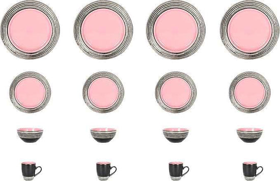 16 Piece Dinnerware Set, Ceramic Plates and Bowls Sets for 4, Microwave and Dishwasher Safe, Handcrafted Tree Bark Series Dish Set, Rose/Pink