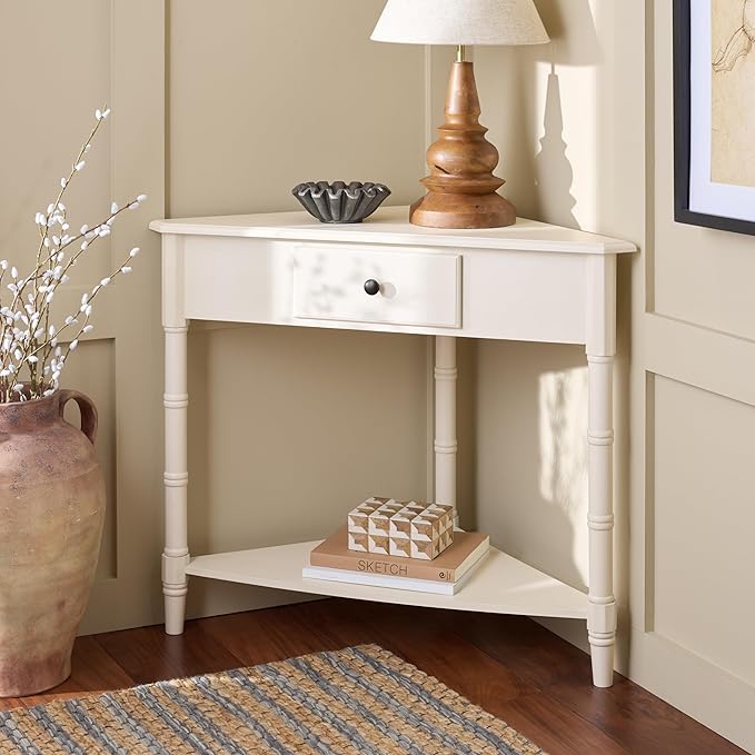 SAFAVIEH Home Collection – Gomez Ivory Corner Table, 1-Drawer Space-Saving Triangle Accent Table, Classic Turned-Leg Design (AMH5709K)