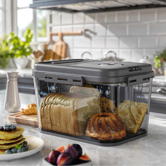 Bread Box, 10L Gray Airtight Braed Storage Container, Bread Box For Kitchen Countertop, Time Recording Bread Keeper with Lid, Flip-Top Bread Holder.